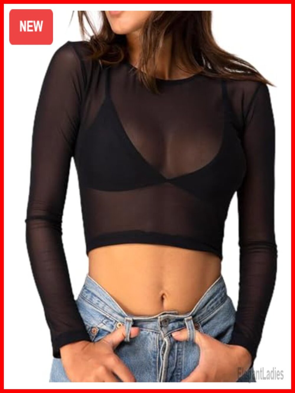 Mesh Sheer Crop Top Long Sleeve Pullover Blouse for Women